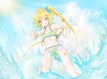  1girl akita_neru bikini blonde_hair finger_gun heart heart-shaped_pupils side_ponytail swimsuit symbol-shaped_pupils tongue tongue_out uiuihati_ui vocaloid water yellow_bikini yellow_eyes 