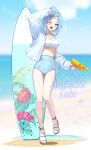  1girl :d absurdres arahashi_tabi arm_up ass_visible_through_thighs bangs_pinned_back bare_legs beach blue_eyes blue_hair blue_sky blurry blurry_background blush breasts character_name chunsick_lee cleavage cloud collarbone day dot_nose finger_on_trigger floral_print full_body hair_ornament hair_tie hairclip high-waist_shorts highres holding holding_water_gun jacket jewelry knees long_sleeves looking_at_viewer medium_breasts medium_hair multicolored_hair necklace ocean one_eye_closed open_clothes open_jacket open_mouth outdoors pendant sand sandals shading_eyes shorts sidelocks single_bare_shoulder single_off_shoulder sky smile solo sparkle sports_bra stellive stomach straight_hair streaked_hair surfboard teeth thick_eyelashes thigh_gap thighs toes upper_teeth_only water_gun wet white_footwear white_hair white_jacket white_sports_bra 