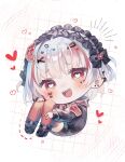  1girl black_bow black_choker black_sweater blush bow chibi choker commentary_request drawstring full_body grey_hair heart heart-shaped_pupils highres hood hood_down hooded_sweater indie_virtual_youtuber kuromu_(96-94) looking_at_viewer multicolored_hair no_pants one_eye_closed open_mouth red_background red_eyes red_hair red_nails red_thighhighs sabita_hagane sharp_teeth sleeves_past_wrists sliced_meat solo sweater symbol-shaped_pupils teeth thighhighs v virtual_youtuber white_background 
