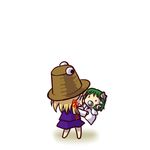  baby chibi commentary hat kochiya_sanae moriya_suwako multiple_girls pacifier simple_background socha tadpole touhou younger 