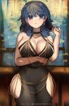  1girl black_choker black_dress blue_eyes blue_hair blush breasts byleth_(female)_(fire_emblem) byleth_(fire_emblem) chocojax choker cleavage commentary cowboy_shot dress earrings fire_emblem fire_emblem:_three_houses highres hip_vent jewelry large_breasts long_hair looking_to_the_side meme_attire modakawa_dress sleeveless sleeveless_dress solo standing wide_hips 