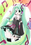  detached_sleeves green_eyes green_hair hatsune_miku long_hair necktie ootaka_narumi skirt solo thighhighs twintails vocaloid 