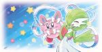  blue_eyes bob_cut bow closed_eyes colored_skin cosplay crossover dress gardevoir green_hair hair_over_one_eye highres kirby kirby_(series) multicolored_skin open_mouth pink_skin pokemon smile star_(symbol) sylveon sylveon_(cosplay) two-tone_skin white_dress white_skin zeni_maru 