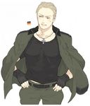  abs akusyu axis_powers_hetalia bad_id bad_pixiv_id belt blonde_hair blush cross fingerless_gloves germany_(hetalia) gloves hair_slicked_back jacket jacket_on_shoulders jewelry lowres male_focus military military_uniform necklace solo sweatdrop uniform 