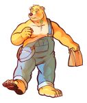 anthro bag barefoot bear blonde_hair blue_eyes blush clothed clothing cute_fangs denim denim_clothing farmer feet fist fur glistening glistening_body hair male mammal muscular muscular_male off_shoulder overalls overalls_only overweight overweight_male shirtless shirtless_male simple_background slightly_chubby solo solo_focus toothy_grin unknown_artist ursine wheat_in_mouth white_background yellow_body yellow_fur