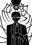 2016 5_fingers ambiguous_gender animal_humanoid arachnid arthropod arthropod_humanoid biped black_and_white bloodborne button_(fastener) chain chained cheekbones closed_smile clothed clothed_human clothed_male clothing coat crescent_moon cuff_(restraint) digital_drawing_(artwork) digital_media_(artwork) dress_shirt duo feral fingers fromsoftware grin hair half-length_portrait hi_res human human_focus humanoid looking_at_viewer male male_human mammal mandibles micolash_(bloodborne) mismatched_eyes monochrome moon mouth_closed multi_eye portrait restraints shackles shirt silhouette simple_background smile sony_corporation sony_interactive_entertainment spider sunnyclockwork teeth topwear white_background