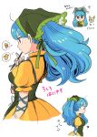  1girl apron blue_hair commentary_request dress green_apron haniwa_(statue) haniyasushin_keiki head_scarf highres kicchou_yachie long_hair mashuu_masaki multiple_views short_sleeves simple_background thought_bubble touhou translation_request white_background yellow_dress 