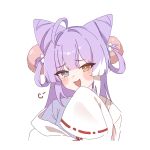  1girl :3 :d ahoge blue_eyes blunt_bangs blush bow brown_eyes commentary_request cone_hair_bun doongdang dot_nose fang hair_bow hair_bun hair_ornament hair_rings hand_on_own_chin hand_up head_tilt heterochromia highres long_hair looking_at_viewer multicolored_hair open_mouth pom_pom_(clothes) pom_pom_hair_ornament purple_hair purple_shirt raised_eyebrows robe shirt sidelocks simple_background single_off_shoulder sleeves_past_fingers sleeves_past_wrists smile smug solo stellive streaked_hair tenko_shibuki thick_eyelashes upper_body virtual_youtuber white_background white_bow white_hair white_robe wide_sleeves 