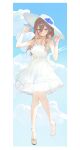  1girl absurdres blue_sky braid breasts brown_hair closed_mouth cloud cloudy_sky dress full_body hair_between_eyes hat highres kji_(rozo) long_hair looking_at_viewer medium_breasts original sandals sky smile solo sun_hat sundress white_dress white_hat 