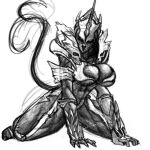  abs alien anthro artist_name bedroom_eyes big_breasts black_body breasts claws crossgender curvy_figure female godzilla_(series) hi_res kaiju kneeling looking_at_viewer monster monster_x mtf_crossgender muscular muscular_anthro muscular_thighs narrowed_eyes nude red_eyes scalie seductive serratus sharp_teeth simple_background sketch sodacaustica solo spikes tail tail_motion tailwag teeth thick_thighs toho white_body 