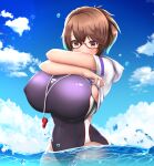  1girl absurdres black_one-piece_swimsuit breasts brown_eyes brown_hair bubble clothing_cutout cloud competition_swimsuit covered_navel covered_nipples eyelashes glasses highres hood hoodie huge_breasts mameneko_(pai) mole mole_under_eye multicolored_clothes multicolored_swimsuit ocean one-piece_swimsuit original semi-rimless_eyewear short_hair sky solo sparkle swimsuit wading water wet wet_clothes wet_swimsuit whistle whistle_around_neck white_hoodie 