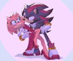 2024 amy_rose anthro blush breasts carrying_another clothing duo eulipotyphlan eye_contact female footwear gloves green_eyes handwear hedgehog high_heels looking_at_another male male/female mammal red_eyes sega shadow_the_hedgehog shira-hedgie simple_background sonic_the_hedgehog_(series) tuft