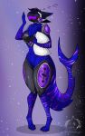  4_ears absurd_res anthro astra_sidereum blue_body eyes_closed fur galaxy hi_res holding_object holding_pillow lobinhobr_art machine male multi_ear neck_tuft open_mouth pillow protogen shark_tail simple_background solo tuft visor yawn 