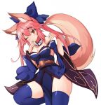  1girl ;3 animal_ear_fluff animal_ears bare_shoulders blue_kimono blue_ribbon blue_sleeves blue_thighhighs blush breasts cleavage detached_sleeves fate/extra fate/grand_order fate_(series) foot_out_of_frame fox_ears fox_girl fox_tail hair_ribbon hands_up japanese_clothes kimono long_hair looking_at_viewer one_eye_closed pelvic_curtain pink_hair ribbon short_sleeves simple_background smile solo strapless strapless_kimono tail tamamo_(fate) tamamo_no_mae_(fate/extra) thighhighs white_background wide_sleeves xianyu_(pixiv9677779) 