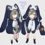  &gt;_&lt; 1boy 1girl 1other aged_down alternate_costume animal_ears artist_name black_footwear black_gloves black_shorts blue_shirt blush boots buttons caelus_(honkai:_star_rail) child closed_eyes closed_mouth collarbone cosplay fake_animal_ears full_body fur_trim gloves grey_background grey_hair hair_between_eyes hands_up hat heart holding holding_trash_can honkai:_star_rail honkai_(series) hood long_hair long_sleeves looking_at_viewer open_mouth pom-pom_(honkai:_star_rail) pom-pom_(honkai:_star_rail)_(cosplay) rabbit_ears red_hat rowya shirt short_hair shorts simple_background standing stelle_(honkai:_star_rail) trailblazer_(honkai:_star_rail) trash_can two-tone_shirt white_shirt wide_sleeves yellow_eyes 