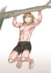 blonde_hair blue_eyes bodily_fluids bottomwear clothing elf exercise feet fingers hair humanoid humanoid_pointy_ears hylian light_body light_skin link male monbetsu_kuniharu muscular muscular_humanoid muscular_male nintendo not_furry plant pull-up_(exercise) shorts simple_background solo sweat the_legend_of_zelda toes tree