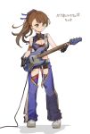 1girl beatrix_(granblue_fantasy) black_gloves blue_pants brown_hair clothing_cutout commentary_request electric_guitar full_body gloves granblue_fantasy green_eyes guitar highres holding holding_guitar holding_instrument instrument motoaki pants playing_guitar ponytail simple_background solo thigh_cutout white_background 