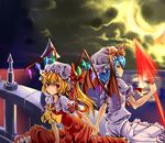  crescent_moon flandre_scarlet hat hikariz holding_hands moon multiple_girls polearm remilia_scarlet siblings sisters sitting spear spear_the_gungnir touhou weapon 