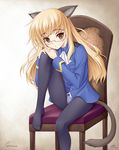  amane_(funfun) animal_ears blonde_hair chair crotch_seam feet glasses knee_up long_hair military military_uniform no_pants panties panties_under_pantyhose pantyhose perrine_h_clostermann sitting solo strike_witches tail underwear uniform world_witches_series yellow_eyes 