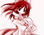 bad_id bad_pixiv_id between_fingers binega~a bow detached_sleeves hair_bow hair_tubes hakurei_reimu japanese_clothes long_hair lowres monochrome ofuda red ribbon smile solo touhou x_arms 