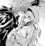  1boy 1girl black_gloves black_jacket blush caelus_(honkai:_star_rail) coat dlckrpwjd111 fingerless_gloves gloves grey_hair greyscale hand_on_wall head_wings honkai:_star_rail honkai_(series) jacket jewel_under_eye monochrome official_alternate_costume robin_(honkai:_star_rail) sweat sweatdrop trailblazer_(honkai:_star_rail) two-sided_coat two-sided_fabric two-sided_jacket white_wings wings 