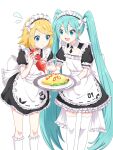  2girls absurdres alternate_costume apron back_bow blonde_hair blue_eyes blue_hair bow collar commentary dress enmaided flying_sweatdrops food food_writing frilled_collar frilled_dress frilled_socks frills gloves hair_ornament hairclip hatsune_miku highres holding holding_plate itogari kagamine_rin ketchup_bottle long_hair maid maid_day maid_headdress medium_hair multiple_girls omelet omurice open_mouth plate short_sleeves smile socks thighhighs twintails very_long_hair vocaloid 