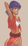  armpits arms_up bandeau dark_skin earrings fushigi_no_umi_no_nadia green_eyes jewelry loincloth looking_back midriff nadia neck_ring necklace non-web_source pelvic_curtain purple_hair short_hair solo strapless tubetop vest 