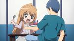  1boy 1girl aisaka_taiga bad_id bad_pixiv_id blue_hair brown_hair food fried_rice holding holding_spoon long_hair nmk parody short_hair spoon takasu_ryuuji to_aru_majutsu_no_index toradora! 