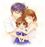  2girls antenna_hair bad_id bad_pixiv_id blue_hair brown_eyes brown_hair child clannad closed_eyes dress family furukawa_nagisa hug husband_and_wife minatsuki_izumi multiple_girls okazaki_tomoya okazaki_ushio school_uniform short_hair 