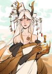  antlers breasts claws cleavage closed_mouth floating floating_object genshin_impact geo_symbol_(genshin_impact) glowing glowing_hand hair_ornament highres horns levitation long_hair looking_to_the_side myrthena ningguang_(genshin_impact) red_eyes upper_body white_hair 