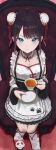  1girl absurdres apron armchair black_corset black_sleeves blue_eyes breasts brown_hair bun_cover chair china_dress chinese_clothes cleavage collar corset cup detached_sleeves double_bun dress frilled_apron frilled_collar frills gradient_hair hair_bun highres holding holding_cup holding_saucer kaga_nazuna leg_warmers long_sleeves looking_at_viewer medium_breasts mito_(dncs8244) mole mole_under_eye multicolored_hair official_alternate_costume purple_hair ribbed_dress ribbed_legwear saucer short_hair sitting slippers smile solo tassel tea teacup twintails virtual_youtuber vspo! white_apron white_collar white_dress white_leg_warmers white_sleeves wide_sleeves 