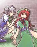  bangs hong_meiling izayoi_sakuya knife lowres mikagami_hiyori multiple_girls sleeping touhou 