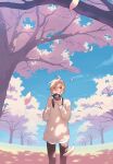  1girl blonde_hair blue_sky branch camera camera_around_neck cherry_blossoms dappled_sunlight day falling_petals highres holding holding_camera looking_up original outdoors parted_lips petals red_eyes scenery sky solo spring_(season) standing sunlight sweater taizo_(taizo_03) thighhighs tree 