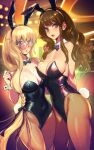  2girls aesc_(fate) aesc_(rain_witch)_(fate) animal_ears bare_shoulders black_leotard blonde_hair blue_eyes braid breasts brown_eyes brown_hair cleavage covered_navel detached_collar dynamitenatalia fake_animal_ears fate/extra fate/grand_order fate_(series) glasses highleg highleg_leotard highres kishinami_hakuno_(female) large_breasts leotard long_hair looking_at_viewer multiple_girls open_mouth pantyhose playboy_bunny rabbit_ears rabbit_tail round_eyewear side_ponytail sidelocks smile tail thighs wrist_cuffs 