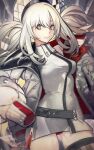  1girl bare_shoulders breasts dress dynamitenatalia fate/grand_order fate_(series) gradient_hair grey_hair hat highres jacket long_hair long_sleeves looking_at_viewer marie_antoinette_(alter)_(fate) marie_antoinette_(alter)_(first_ascension)_(fate) marie_antoinette_(fate) medium_breasts multicolored_hair off_shoulder open_clothes open_jacket short_dress sidelocks single_thighhigh smile solo thighhighs thighs two_side_up white_dress white_hair white_hat white_jacket yellow_eyes 
