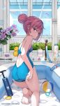  1girl adjusting_clothes adjusting_swimsuit ass backless_swimsuit ball bare_arms bare_legs bare_shoulders barefoot beachball blue_one-piece_swimsuit bubble closed_mouth commentary_request competition_swimsuit faucet flower from_behind hair_bun highres indoors liclac looking_at_viewer looking_back one-piece_swimsuit original pink_hair purple_eyes purple_flower rubber_duck solo swimsuit wading_pool window 