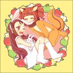  animal_costume animal_ears apple biting brown_eyes brown_hair bunny ear_biting food fruit green_eyes idolmaster idolmaster_(classic) idolmaster_live_for_you! long_hair minase_iori multiple_girls pinkmm short_hair squirrel stuffed_animal stuffed_bunny stuffed_toy takatsuki_yayoi twintails 