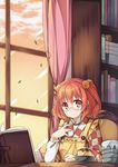  amemiya_ruki bell blush book bookshelf calligraphy_brush clothes_writing curtains food glasses hair_bell hair_ornament highres looking_at_viewer motoori_kosuzu open_book orange_eyes orange_hair paintbrush pudding short_hair smile solo touhou window 