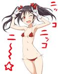  ;d \m/ armpits bikini black_hair blush bow clearite double_\m/ frilled_bikini frills gloves hair_bow long_hair looking_at_viewer love_live! love_live!_school_idol_project navel nico_nico_nii one_eye_closed open_mouth red_bikini red_eyes side-tie_bikini smile solo swimsuit thigh_gap twintails yazawa_nico 