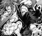  clenched_teeth detached_sleeves greyscale kyousaku long_hair male_focus monochrome muscle mygrimoire satan_(mygrimoire) sharp_teeth shirtless solo tattoo teeth 