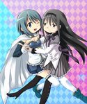  ;d akemi_homura black_hair black_legwear blue_eyes blue_hair blush breasts cape cleavage elbow_gloves gloves hairband holding_hands long_hair long_sleeves mahou_shoujo_madoka_magica medium_breasts miki_sayaka multiple_girls one_eye_closed open_mouth pantyhose pokopokoko purple_eyes short_hair skirt smile thighhighs white_legwear 