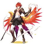  boots frown full_body knee_boots kyousaku male_focus multicolored multicolored_wings mygrimoire pants red_hair sarashi shirtless smoke solo spiked_hair sword waka-sama_(mygrimoire) weapon white_background wings 