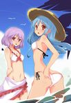  bad_anatomy bad_id bad_pixiv_id bikini blue_hair blush bow frills hat highres hinanawi_tenshi long_hair multiple_girls nagae_iku naotaka open_mouth purple_hair red_eyes shawl short_hair side-tie_bikini smile straw_hat swimsuit touhou 