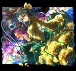  blue_flower blue_rose flower frame green_eyes hat hat_ribbon ibuki_notsu komeiji_koishi long_sleeves petals plant ribbon rose shirt silver_hair sitting skirt smile solo third_eye touhou vines wide_sleeves yellow_flower yellow_rose 