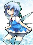  bike_shorts blue_eyes blue_hair bow cirno dress fumi_(fumifumi-graffiti) hair_bow highres ice ice_wings open_mouth short_hair shorts_under_dress smile snow solo touhou water wings 
