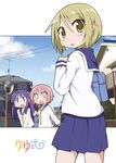  :d bag blank_eyes blonde_hair blue_sailor_collar blush copyright_name d: from_behind hinata_yukari ichii_yui long_hair looking_back miyako_hito multiple_girls nonohara_yuzuko open_mouth outside_border pink_hair pleated_skirt power_lines purple_hair sailor_collar school_bag school_uniform school_uniform_(yuyushiki) serafuku skirt smile solo_focus twintails yellow_eyes yuyushiki ||_|| 