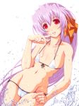  bikini cameltoe flat_chest katsuki_yousuke long_hair micro_bikini original purple_hair red_eyes solo splashing swimsuit very_long_hair water 
