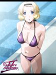  arms_behind_back bikini blonde_hair blue_eyes breasts from_above hairband large_breasts letterboxed looking_at_viewer nokobeya original parted_lips pixiv_vampire_academy pool poolside shadow short_hair skindentation solo standing swimsuit water 
