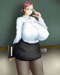  adjusting_glasses blush book breasts brown_hair chalkboard classroom covered_nipples erect_nipples formal gigantic_breasts glasses hair_bun hair_up highres holding inomaru milf pantyhose shirt short_hair skirt solo standing teacher white_shirt 