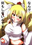  animal_ears blonde_hair blush breasts cosplay detached_sleeves fox_ears fox_tail hat huge_breasts impossible_clothes impossible_shirt inubashiri_momiji inubashiri_momiji_(cosplay) merry_(diameri) multiple_tails open_mouth shirt short_hair skirt solo tail tokin_hat touhou wolf_ears yakumo_ran yellow_eyes 